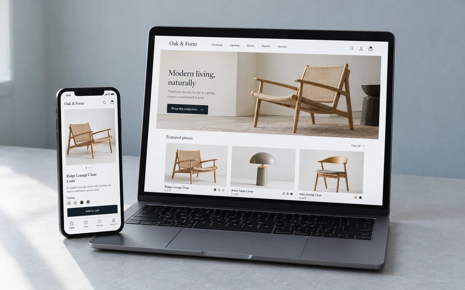 Online store on a laptop and mobile app on a smartphone