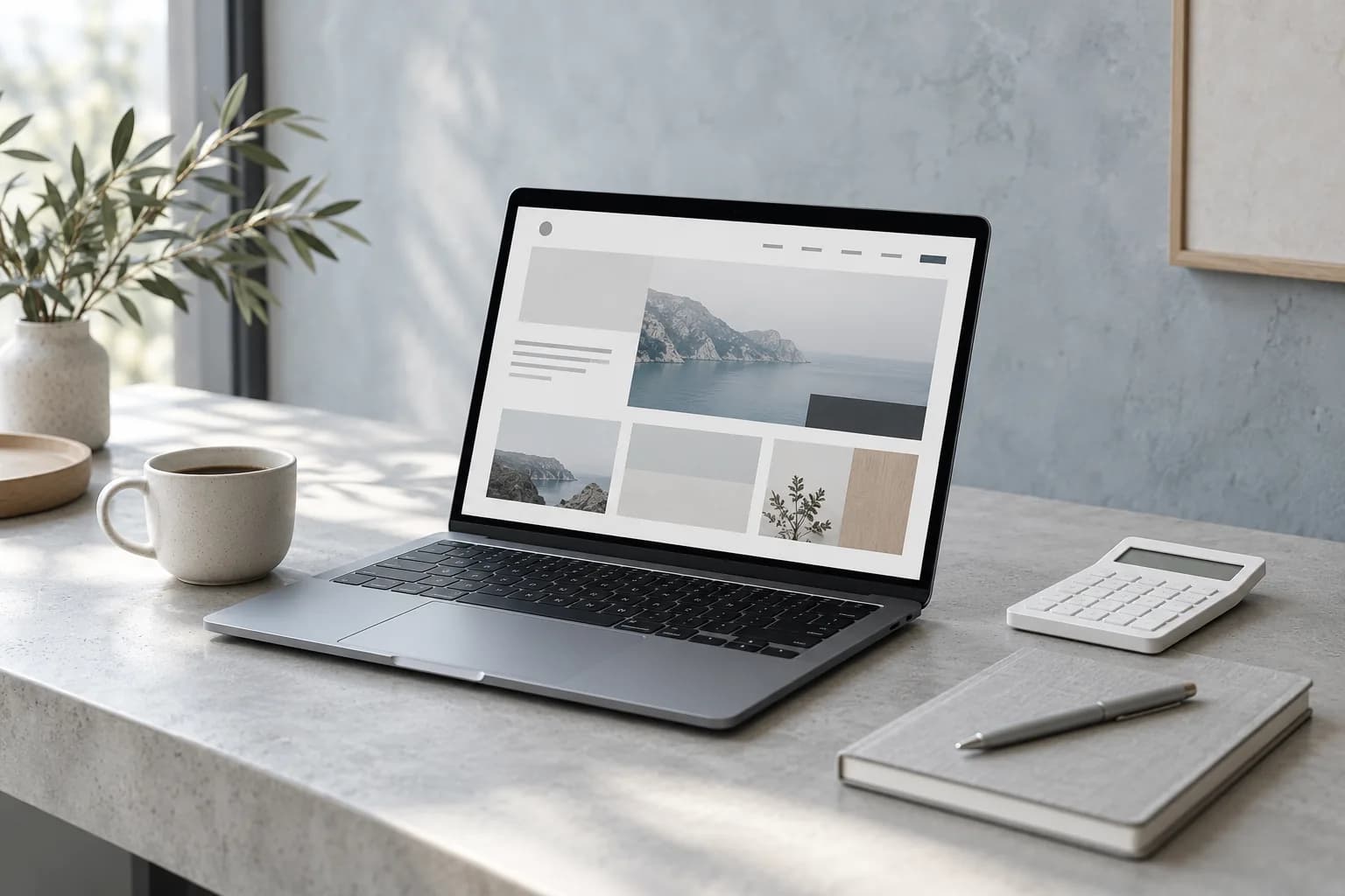 Laptop with a website layout on a light concrete desk next to a calculator and a notebook