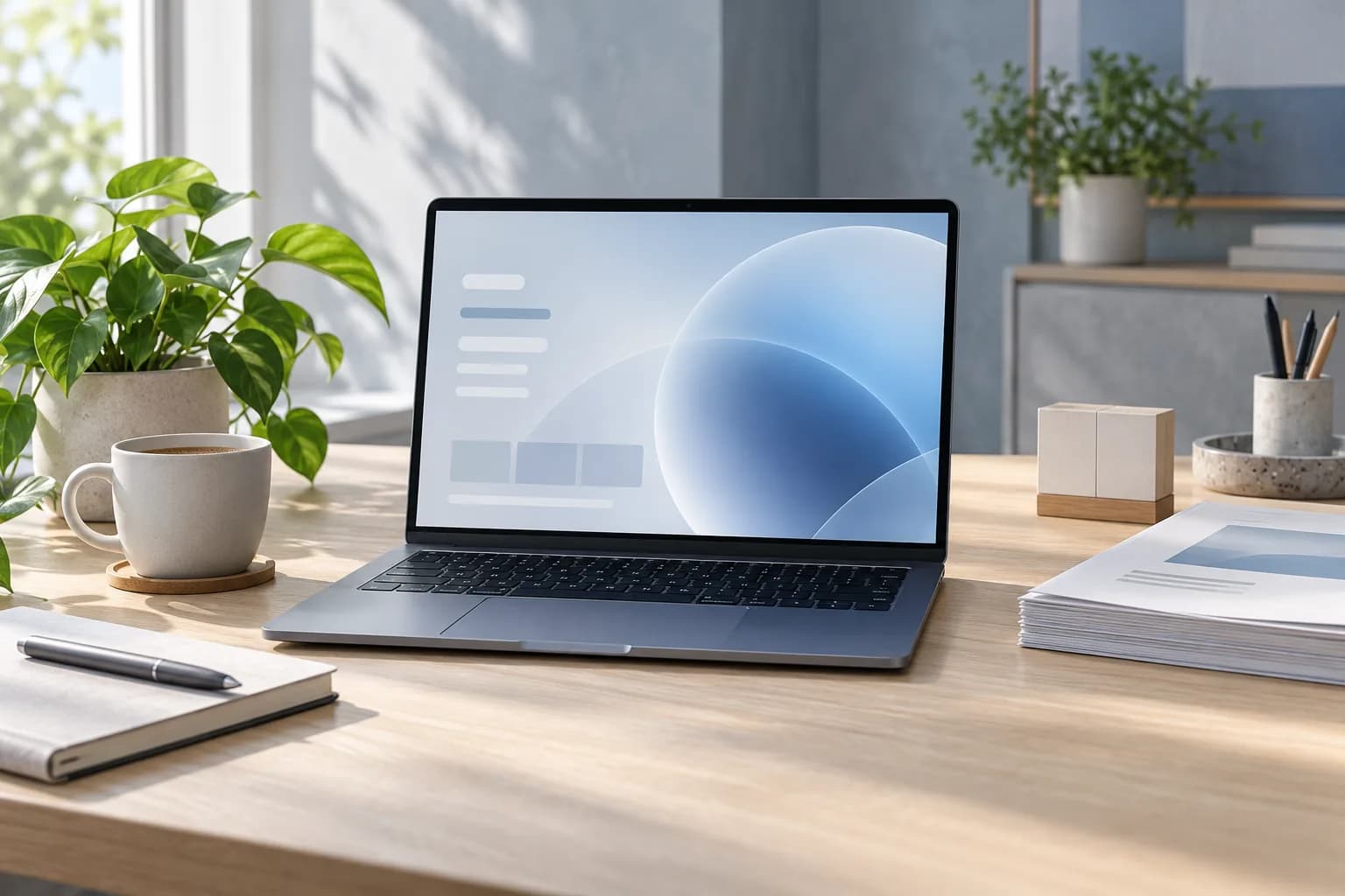 Laptop with a soft glowing abstract orb on the screen on a wooden desk with documents, a coffee cup and a plant