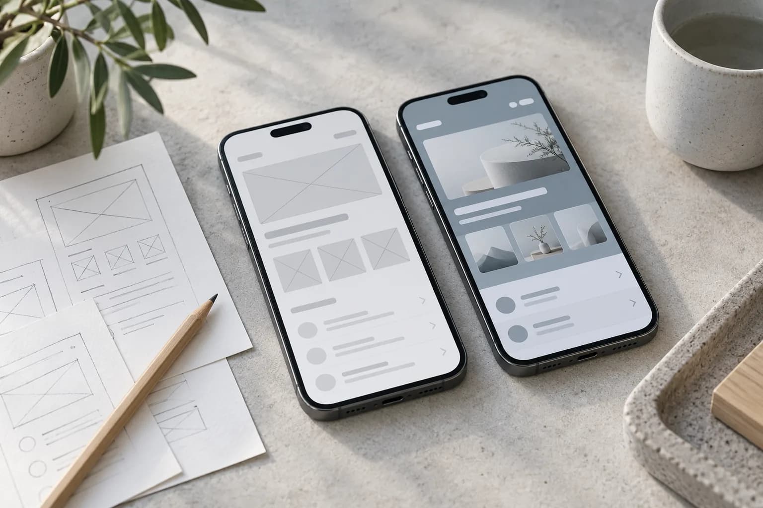 Two smartphones on a light stone surface, one with a wireframe layout and one with a finished app interface, next to paper sketches