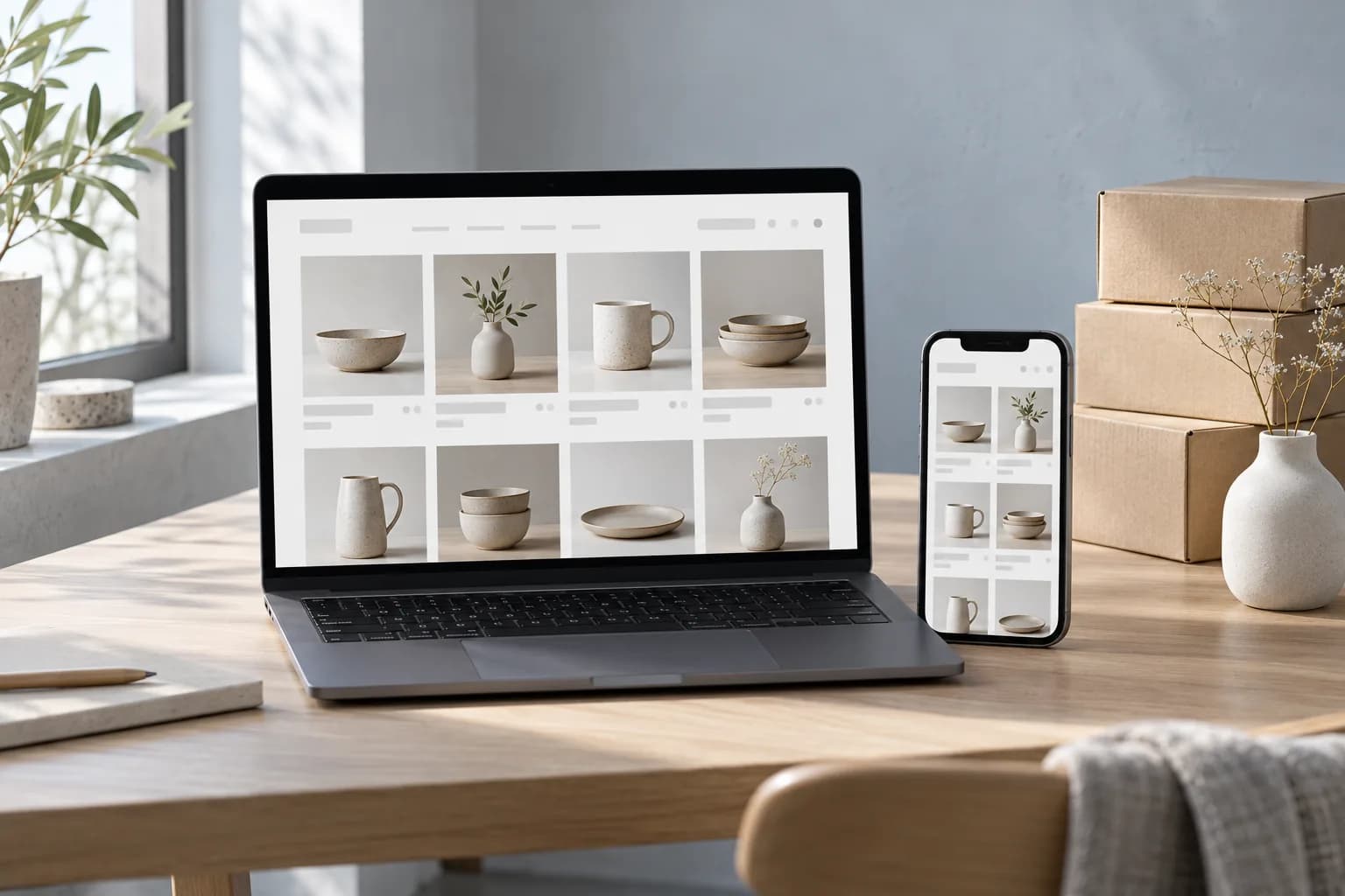 Laptop and smartphone showing an online store product grid on an oak desk next to kraft shipping boxes and a ceramic vase