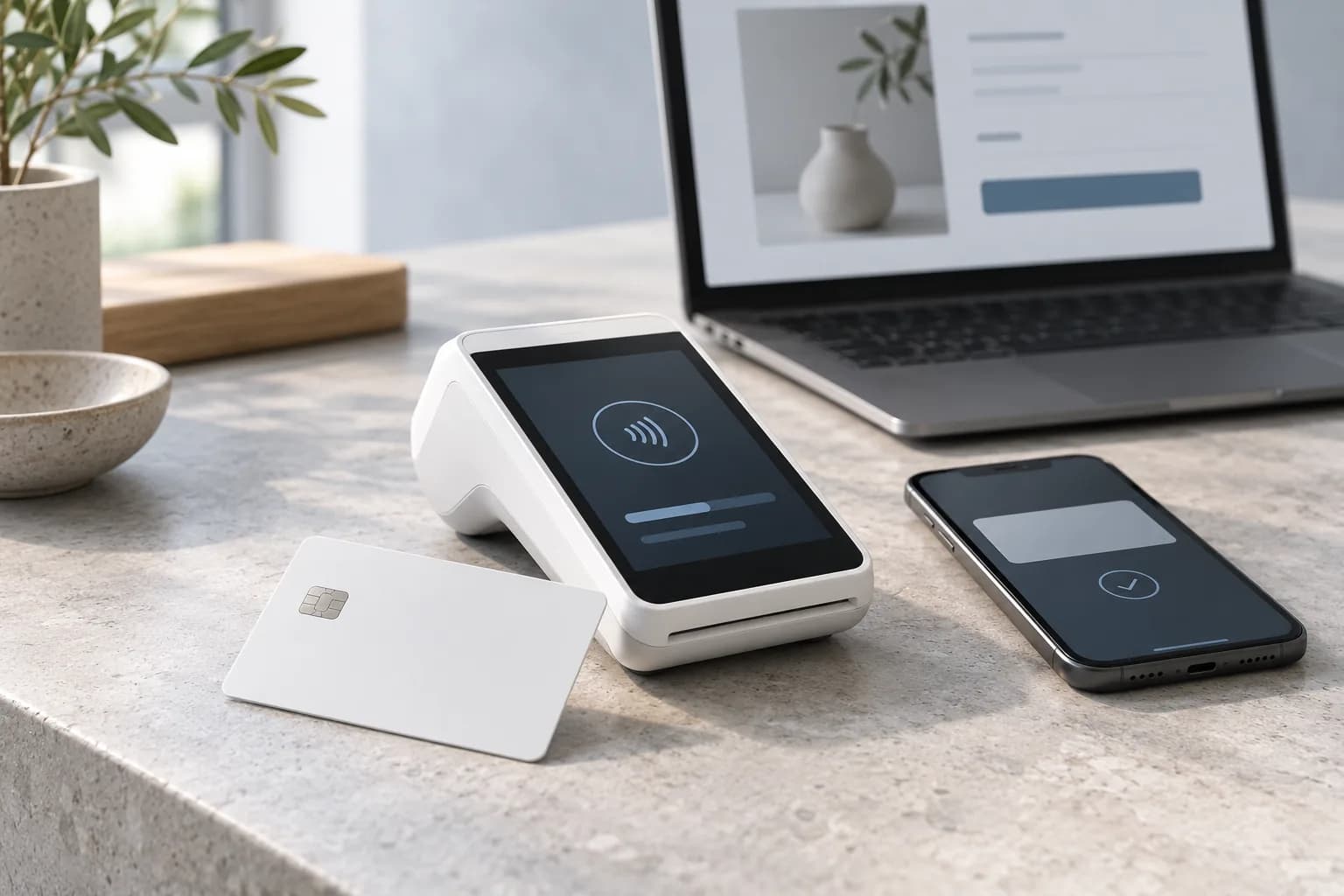 Card payment terminal, a blank bank card and a smartphone on a light stone table with a laptop showing a checkout in the background