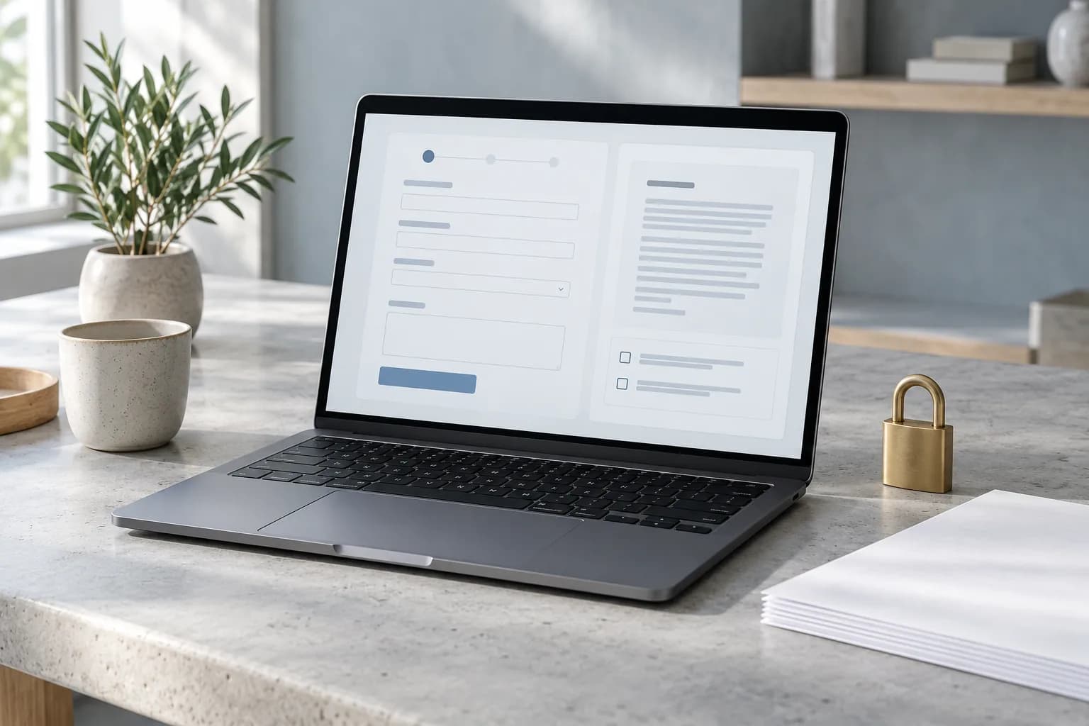 Laptop with a form and consent panel on the screen, a small brass padlock and a stack of white documents on the desk