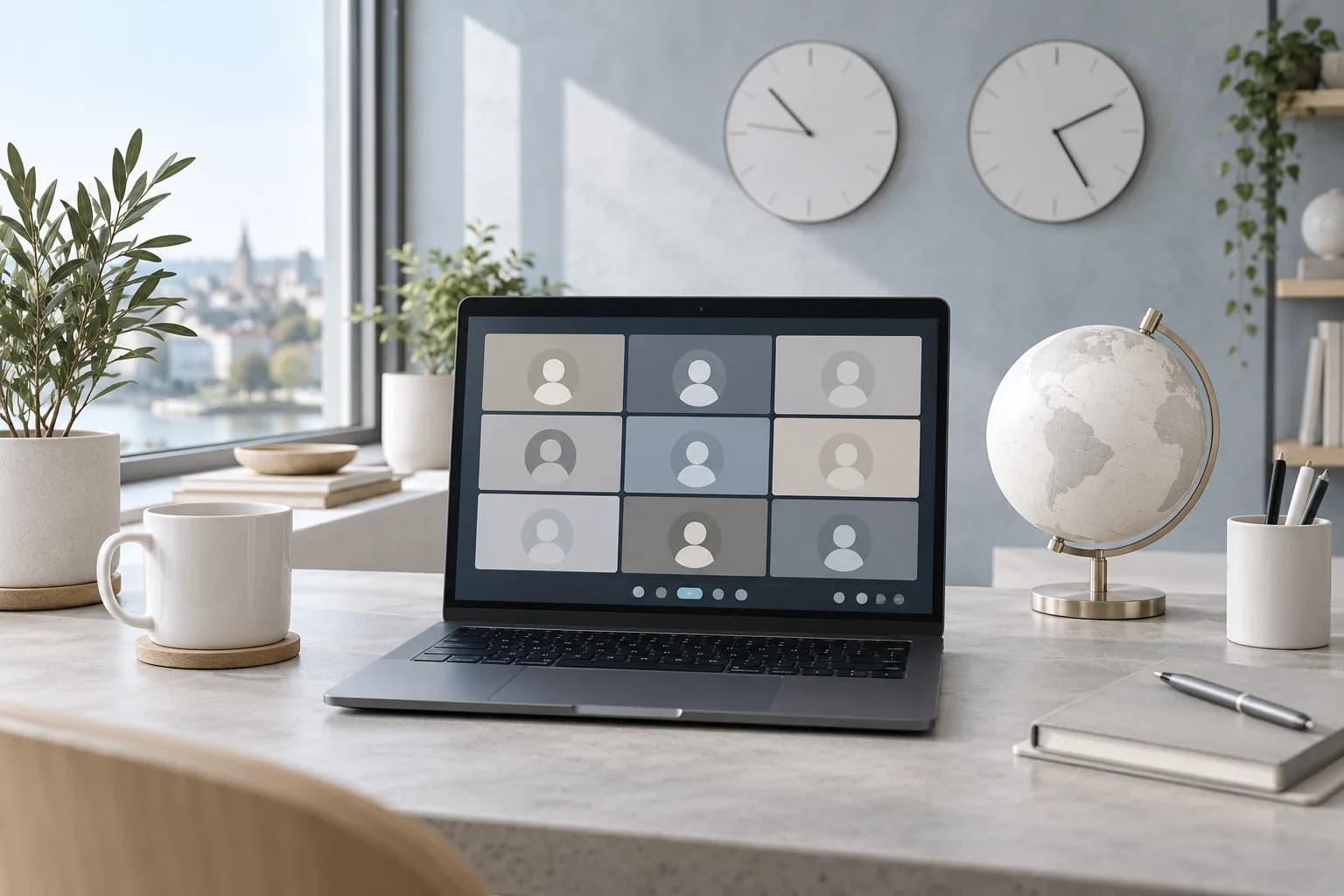 Bright office desk by a window with a laptop showing a video call, a white desk globe and two wall clocks without numerals