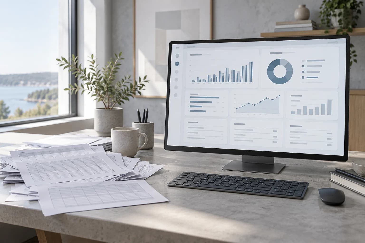 Pile of printed spreadsheets on the left of a desk and a monitor with a clean business dashboard on the right