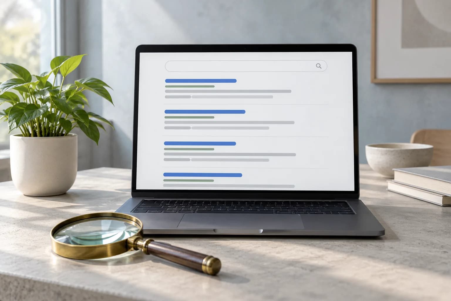 Laptop with an abstract list of search results on a concrete desk, a brass magnifying glass in front and a green plant beside it