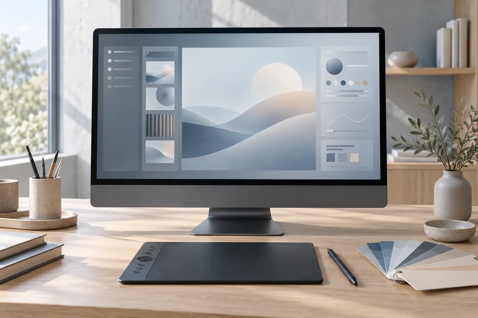 Large desktop monitor with a gradient interface and frosted glass panels on an oak desk, a graphics tablet and colour swatch cards in front