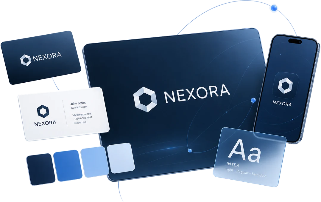 Brand identity board with logo, business cards and colours