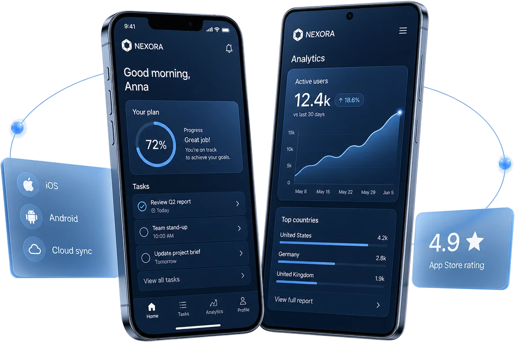 Mobile app screens with tasks and analytics on two phones